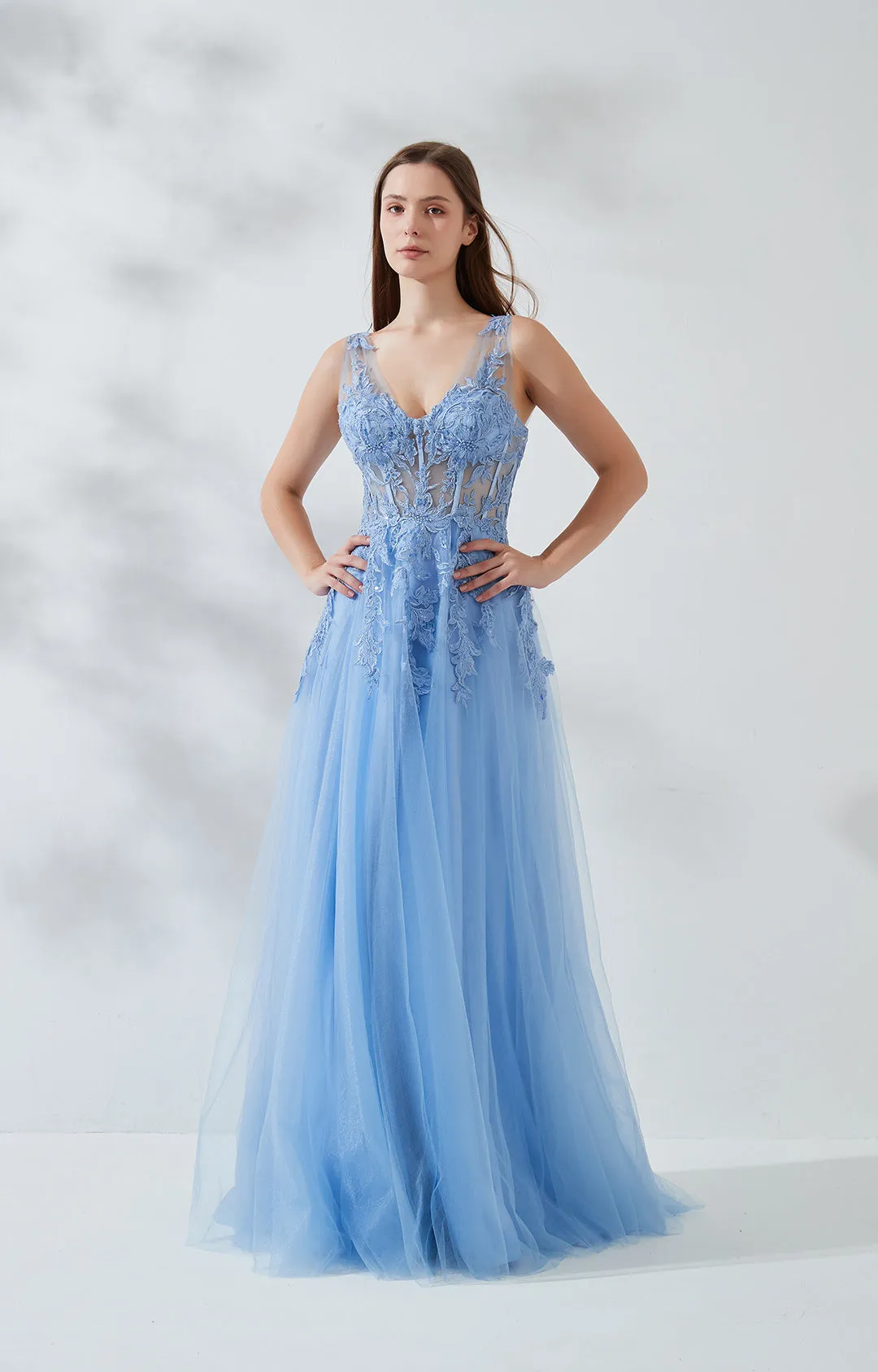 A-line V-neck Sleeveless Fishbone Tulle Prom Dresses