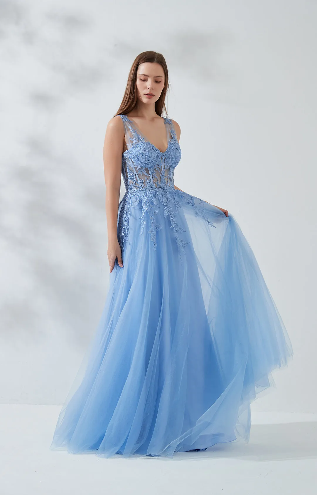 A-line V-neck Sleeveless Fishbone Tulle Prom Dresses