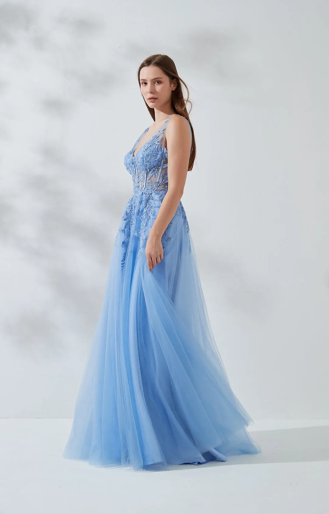 A-line V-neck Sleeveless Fishbone Tulle Prom Dresses