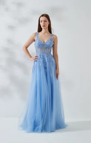A-line V-neck Sleeveless Fishbone Tulle Prom Dresses