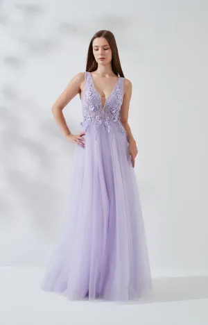 A-line Wide Shoulder Straps 3D Floral Embroidered Sequin Prom Dress