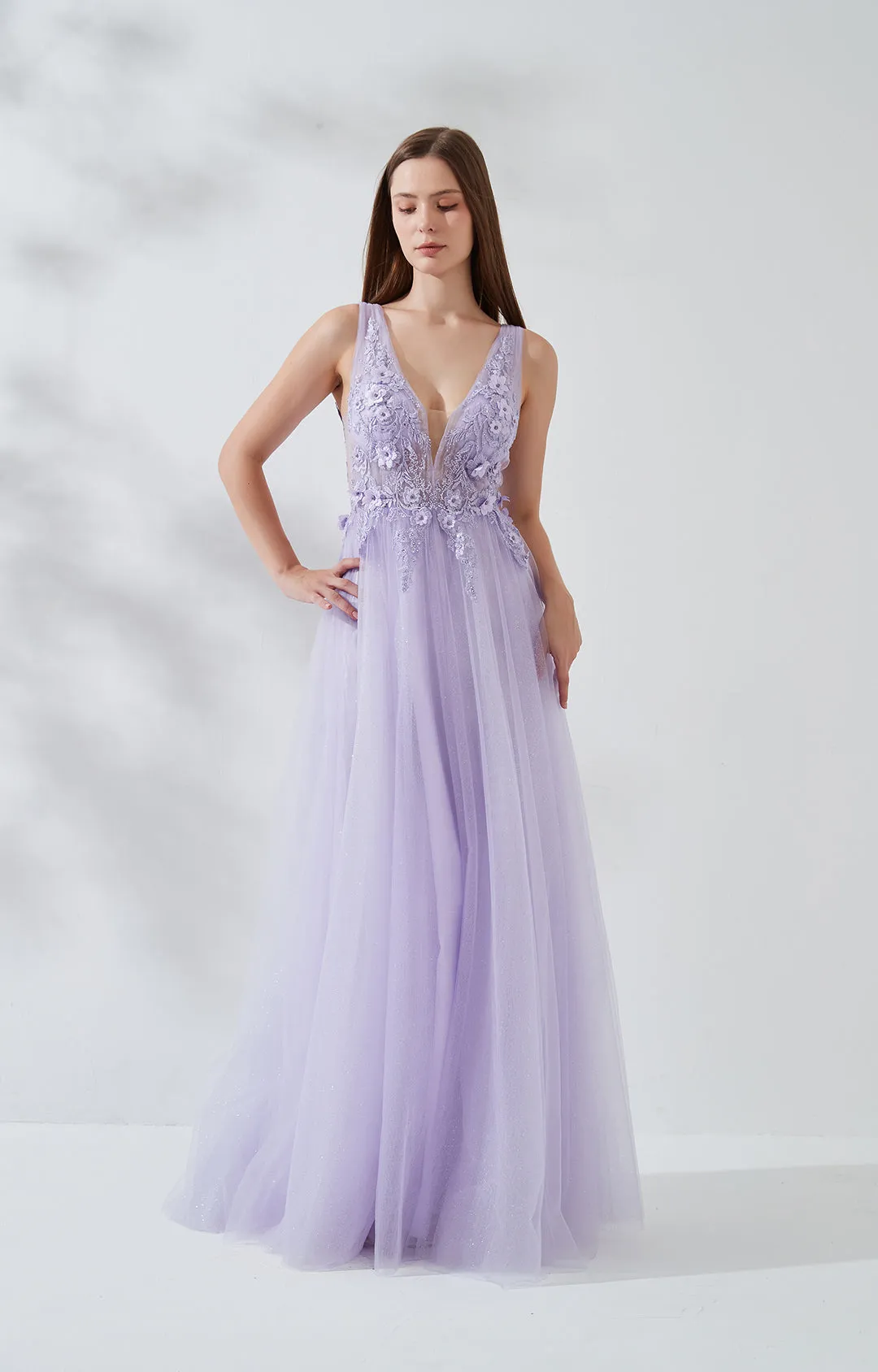 A-line Wide Shoulder Straps 3D Floral Embroidered Sequin Prom Dress