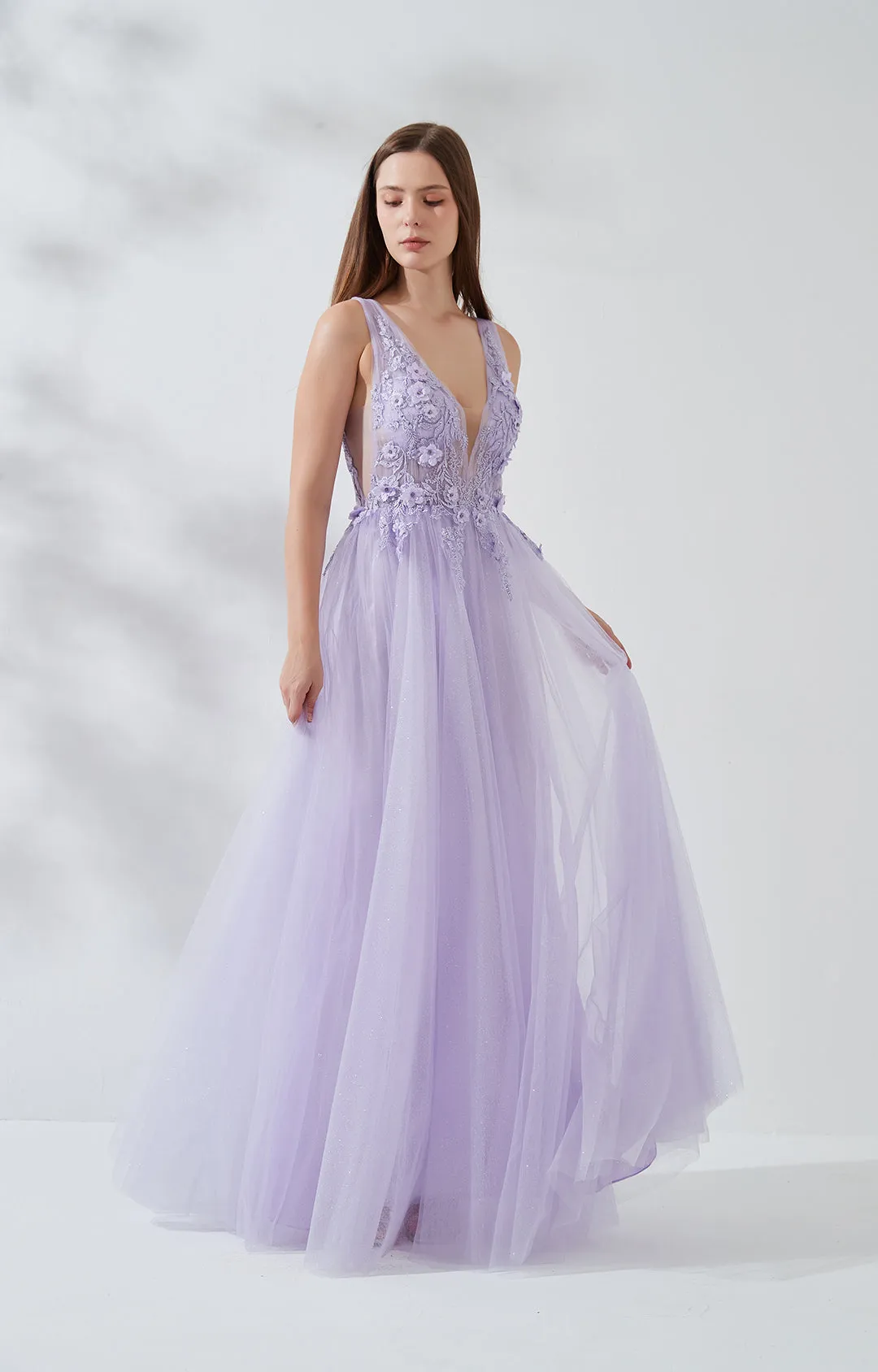A-line Wide Shoulder Straps 3D Floral Embroidered Sequin Prom Dress