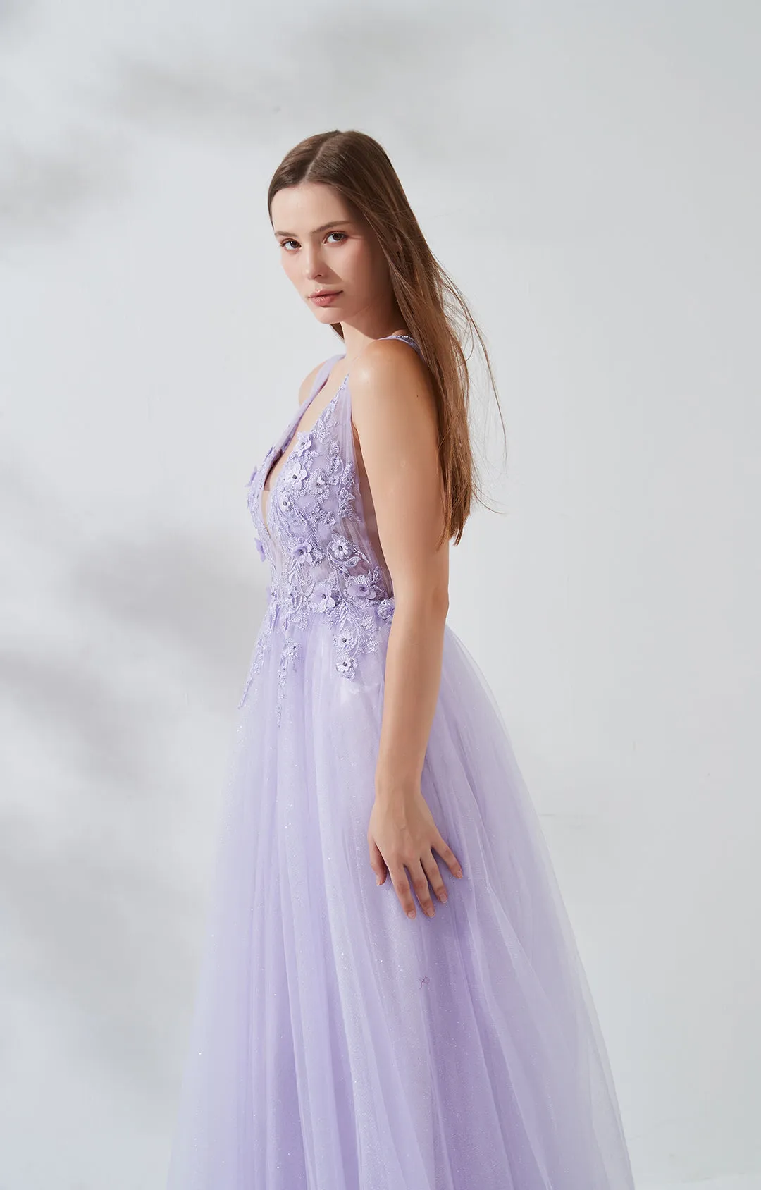 A-line Wide Shoulder Straps 3D Floral Embroidered Sequin Prom Dress