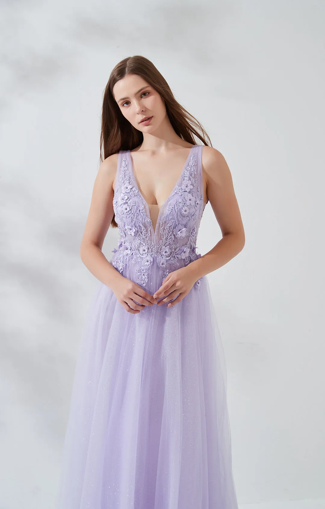 A-line Wide Shoulder Straps 3D Floral Embroidered Sequin Prom Dress