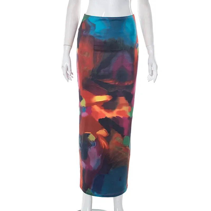 Abstract print low rise contrast maxi skirt y2k 90s Revival Techno Fashion