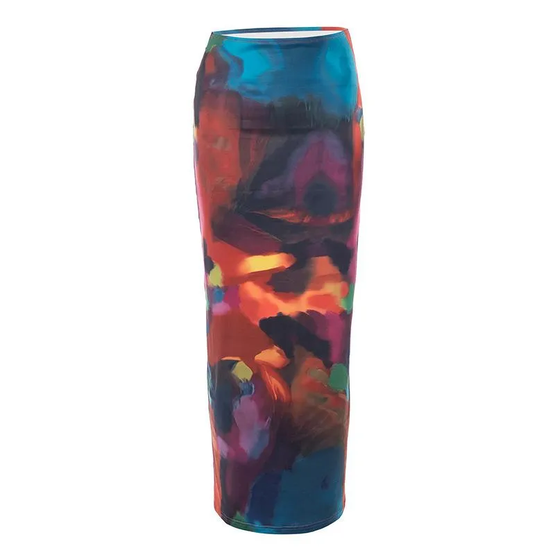 Abstract print low rise contrast maxi skirt y2k 90s Revival Techno Fashion