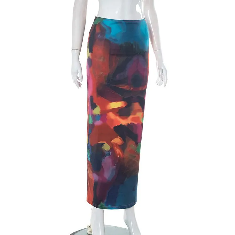 Abstract print low rise contrast maxi skirt y2k 90s Revival Techno Fashion