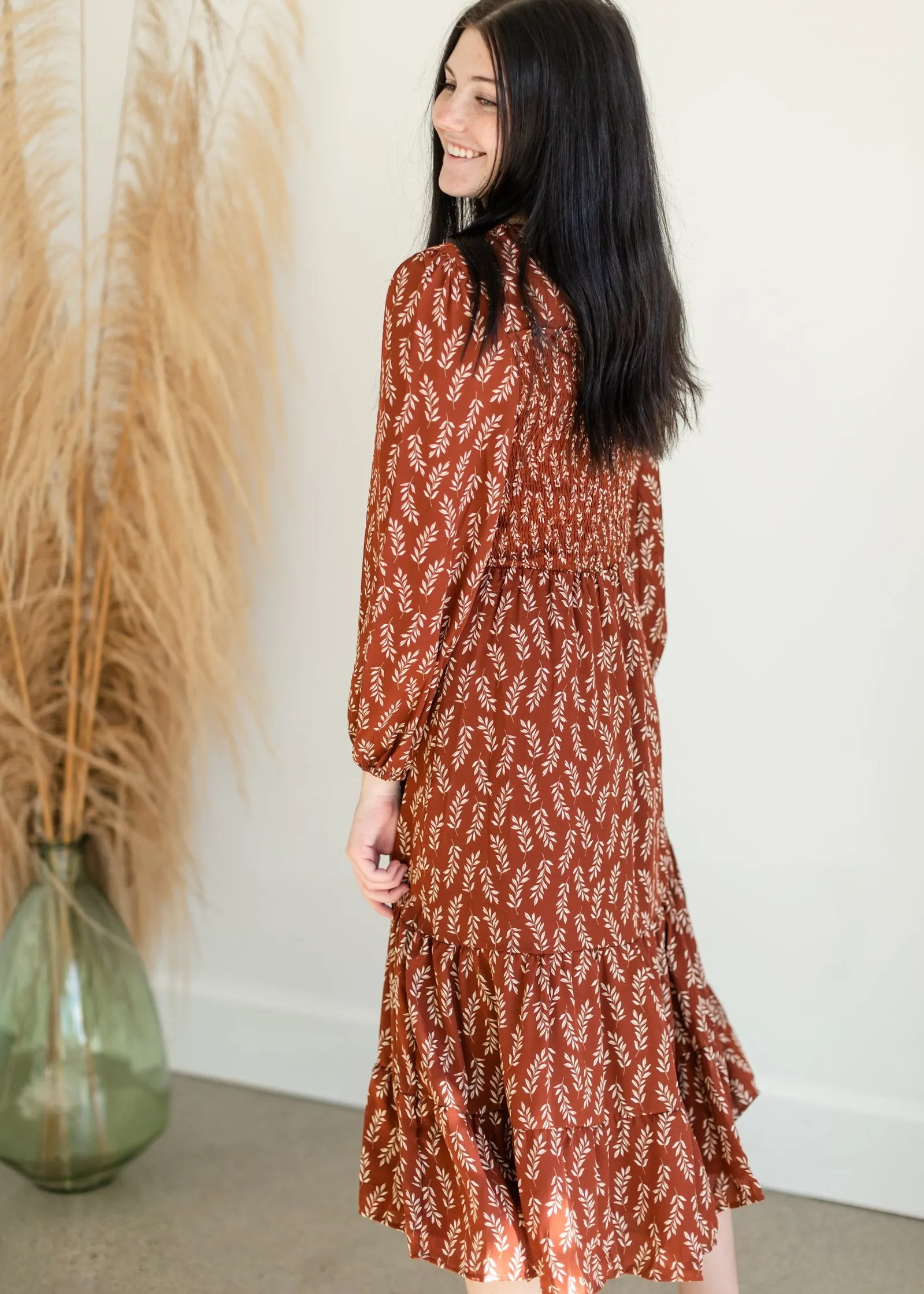 Brown Leaf Smocked Midi Dress - FINAL SALE