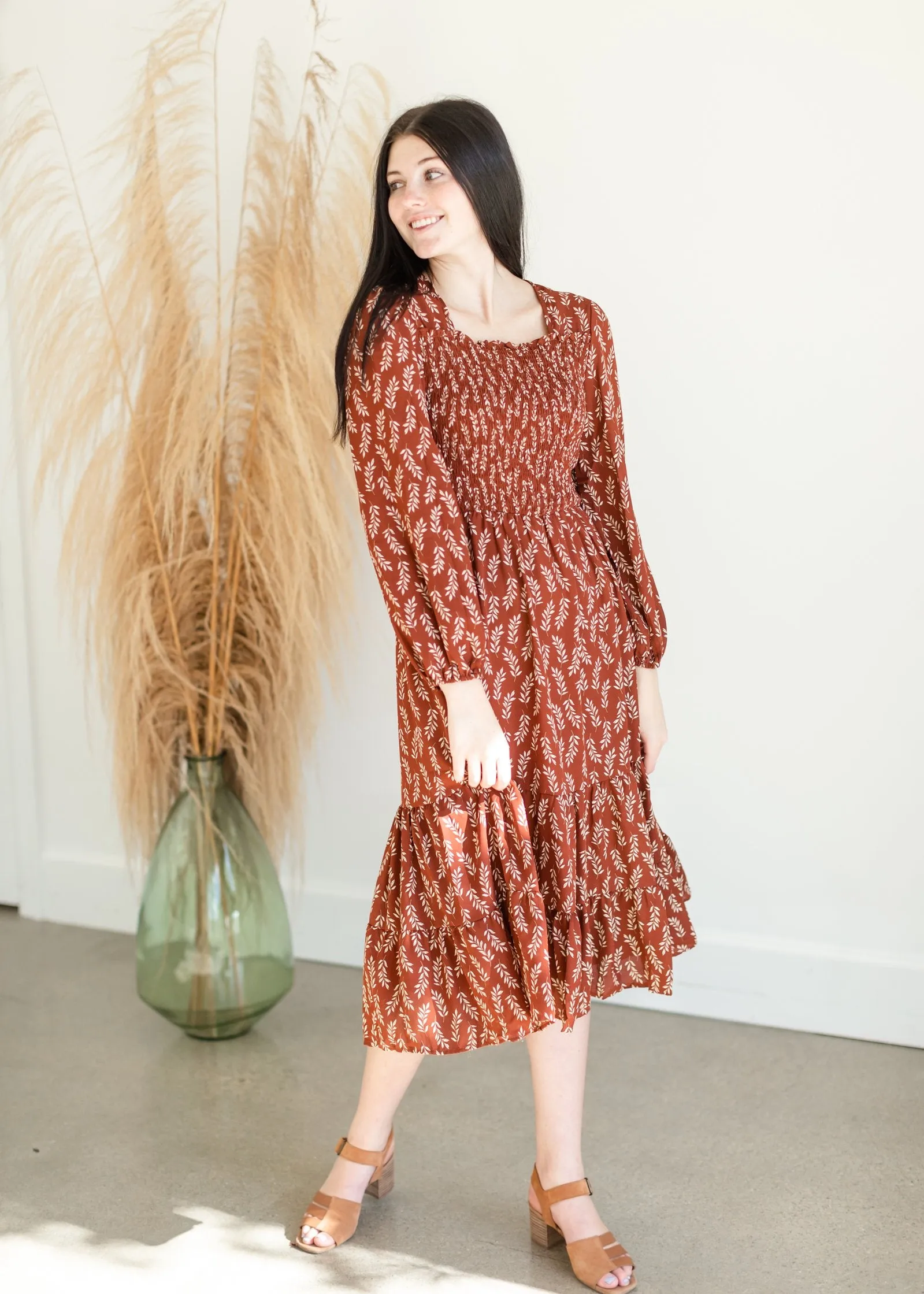 Brown Leaf Smocked Midi Dress - FINAL SALE