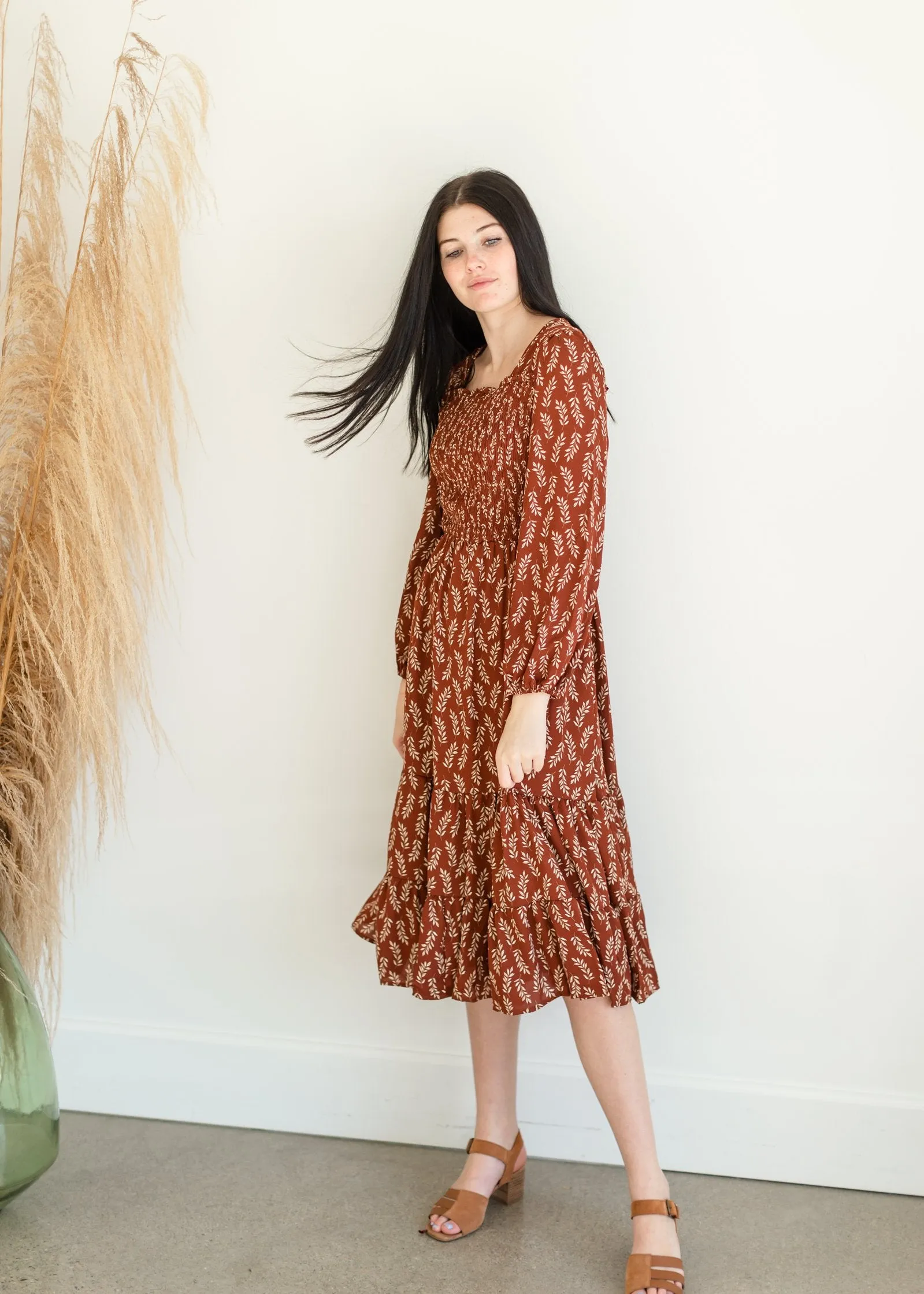 Brown Leaf Smocked Midi Dress - FINAL SALE