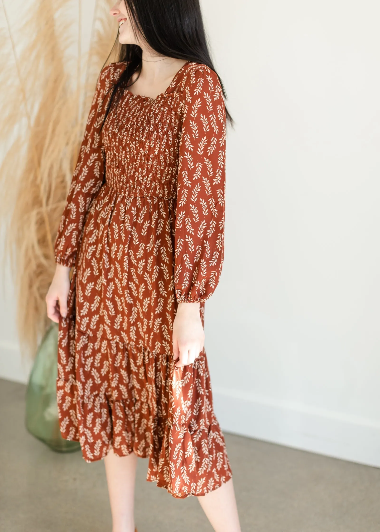 Brown Leaf Smocked Midi Dress - FINAL SALE