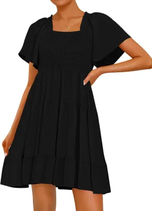 BTFBM Women's Summer Smocked Mini Dress Square Neck Flutter Sleeve Casual Ruffle Flared Swing Boho Beach Dresses Pockets