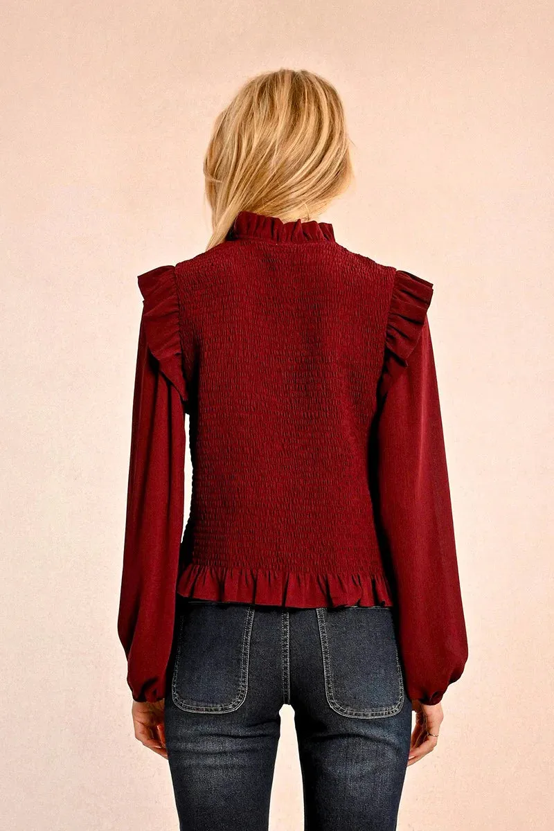 Burgundy Ruffled and Smocked Blouse by Molly Bracken