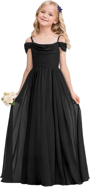 Cold Shoulder Juniors Bridesmaid Dress Long Chiffon Flower Girl Dresses for Wedding A Line Pageant Gown