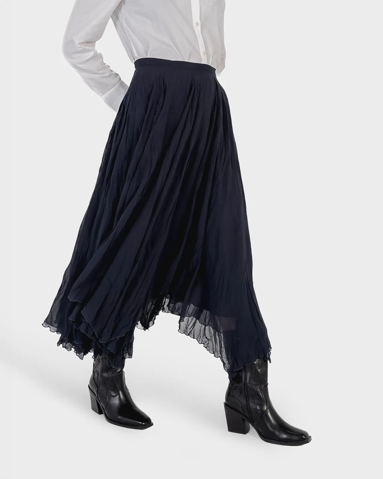 Crinkled Chiffon Skirt in Navy