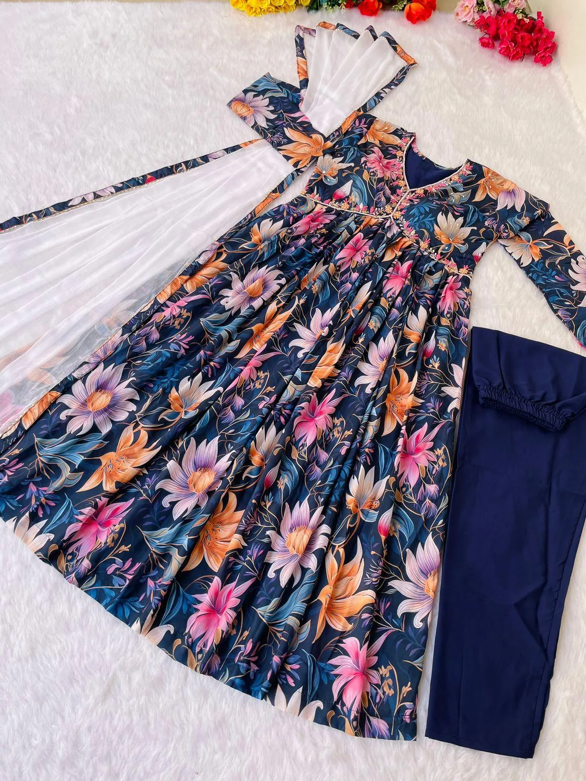 Deep Blue Floral Special: Aliya Cut Dresses with Dupatta and Pant! 🌺🌺