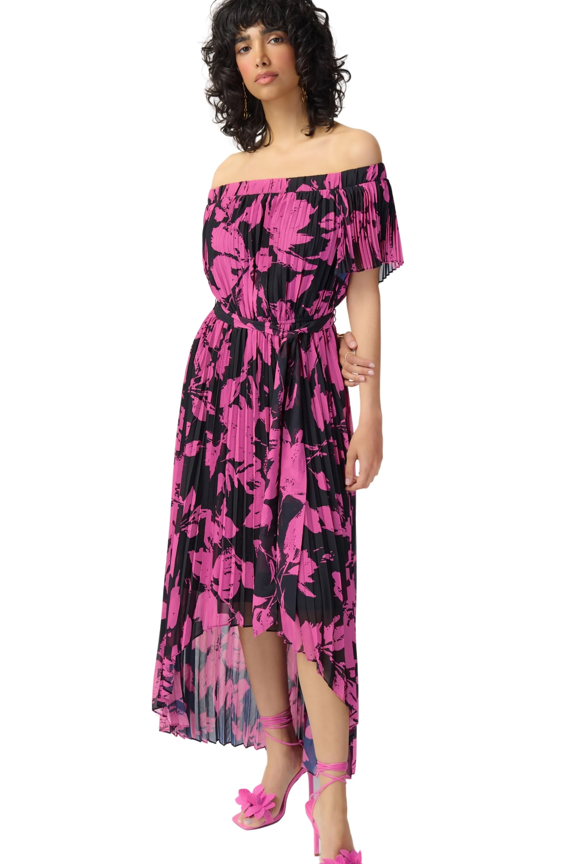 Floral Print Chiffon Off-Shoulder Pleated Dress