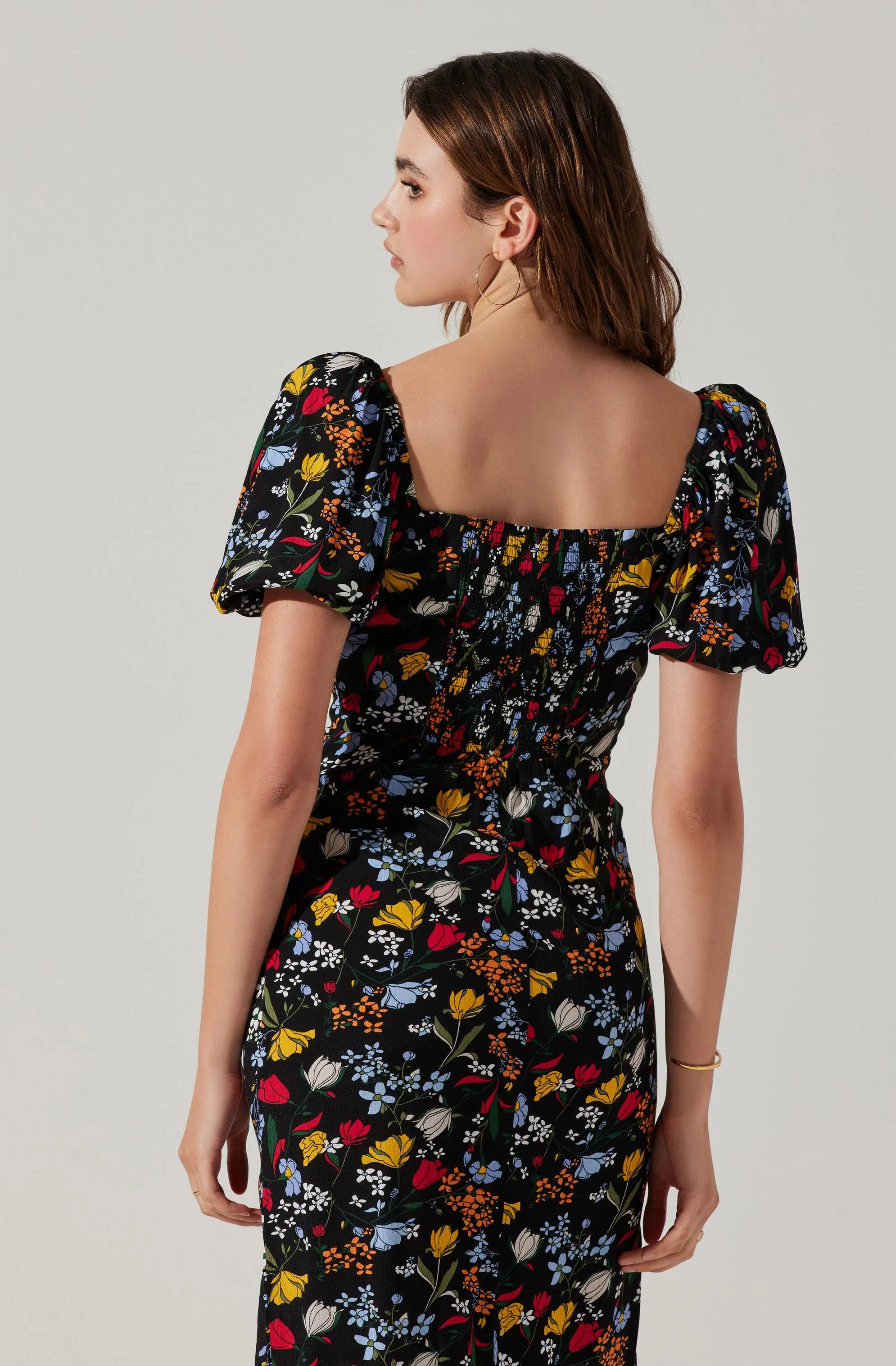 Floral Square Neck Slit Front Midi Dress