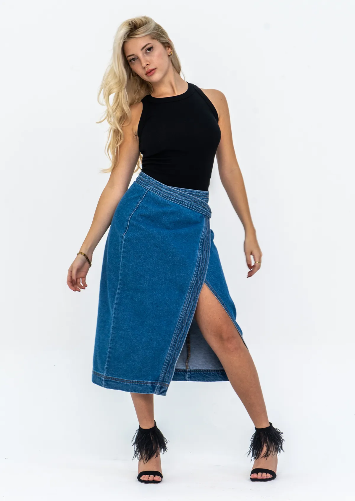 Front Wrap Denim Midi Skirt