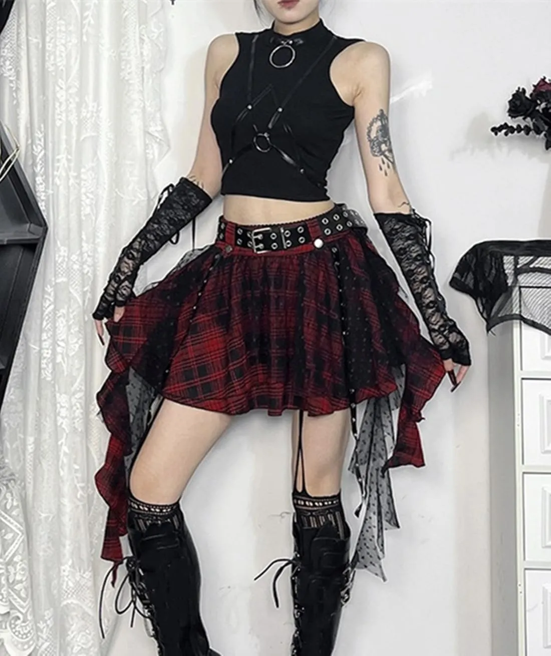 Goth Skirt for Women Y2k Gothic Lace Ruffle Grunge Skirts High Waisted Pleated Plaid Flowy Short Skirts