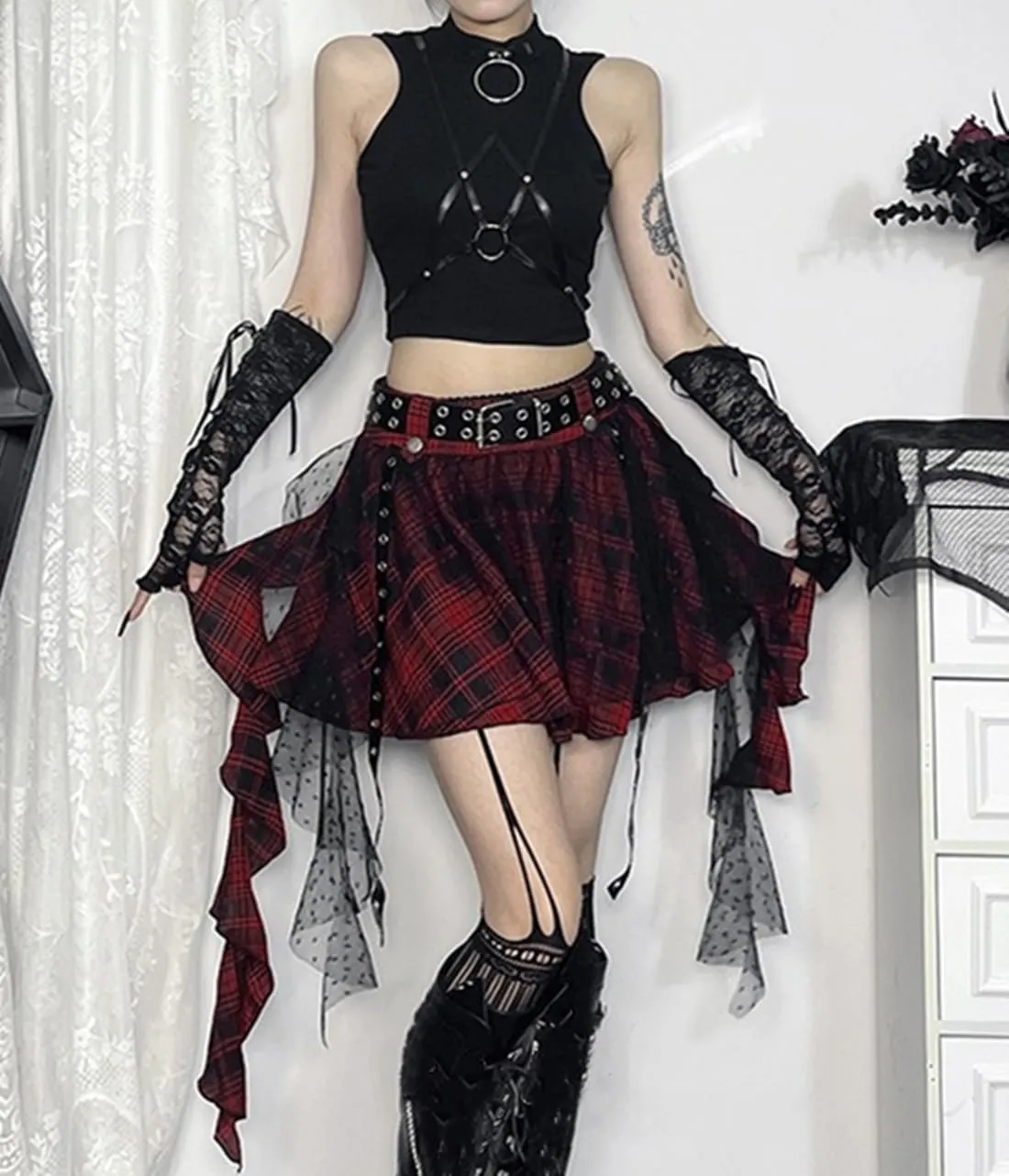 Goth Skirt for Women Y2k Gothic Lace Ruffle Grunge Skirts High Waisted Pleated Plaid Flowy Short Skirts