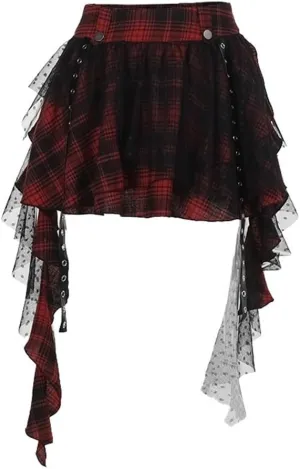 Goth Skirt for Women Y2k Gothic Lace Ruffle Grunge Skirts High Waisted Pleated Plaid Flowy Short Skirts