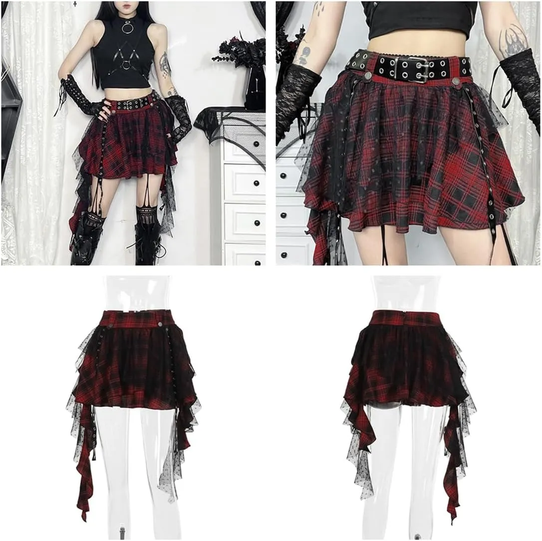Goth Skirt for Women Y2k Gothic Lace Ruffle Grunge Skirts High Waisted Pleated Plaid Flowy Short Skirts