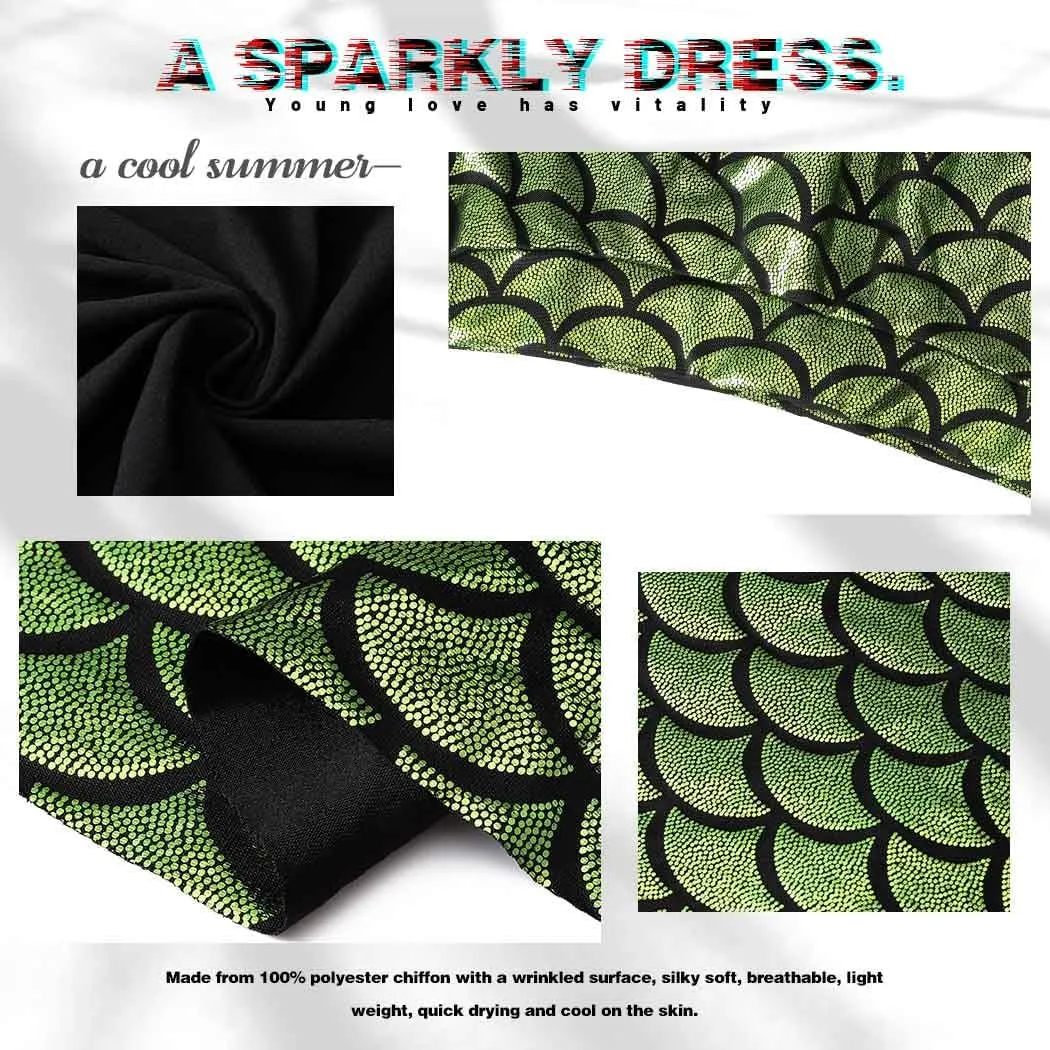 GRAEEN Green Mermaid Skirts Fish Scale Skater Skirts Sparkly Flared Pleated Mini Skirt Party Costumes Skirt