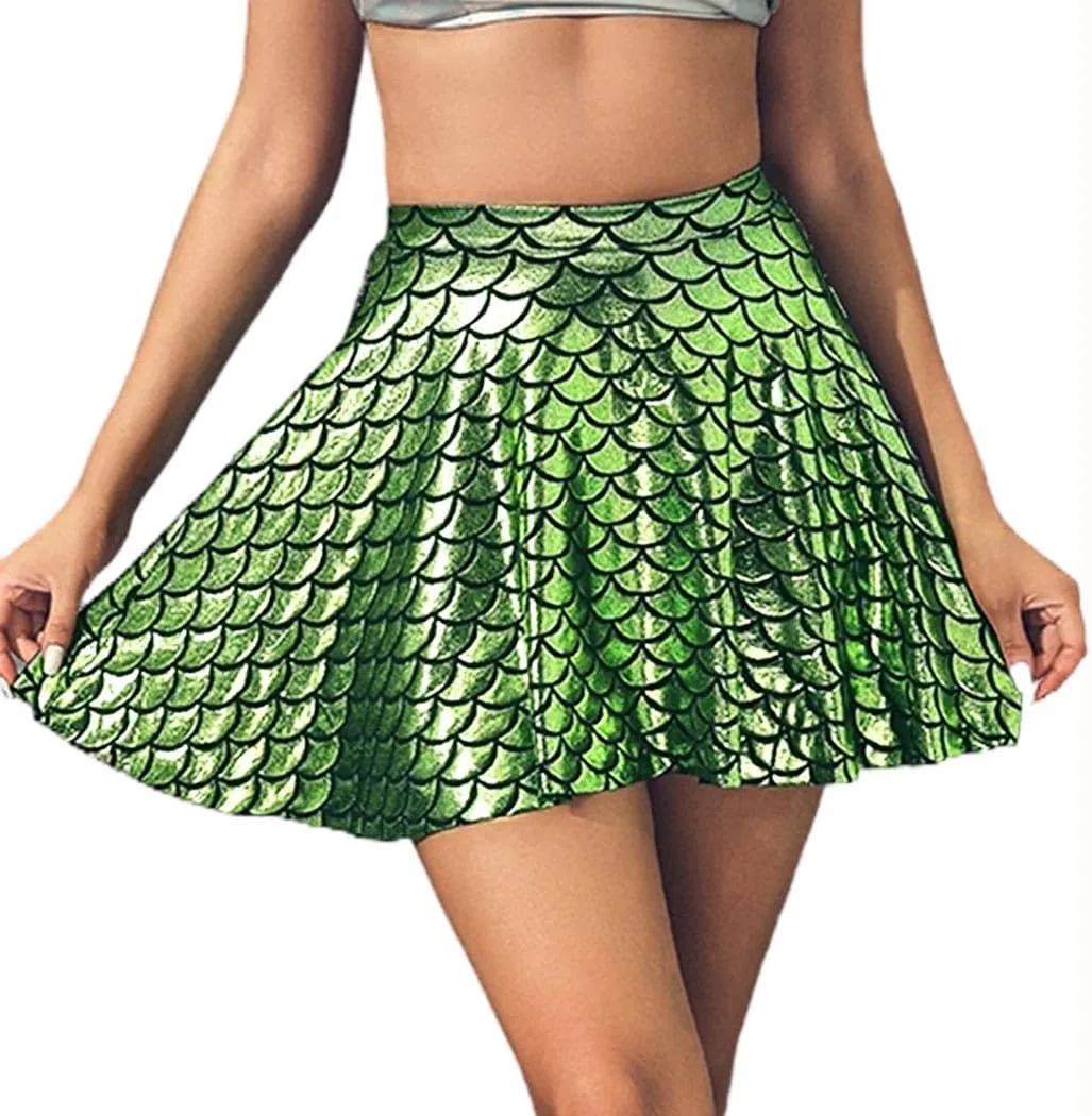 GRAEEN Green Mermaid Skirts Fish Scale Skater Skirts Sparkly Flared Pleated Mini Skirt Party Costumes Skirt