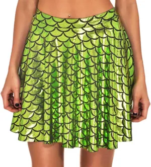 GRAEEN Green Mermaid Skirts Fish Scale Skater Skirts Sparkly Flared Pleated Mini Skirt Party Costumes Skirt
