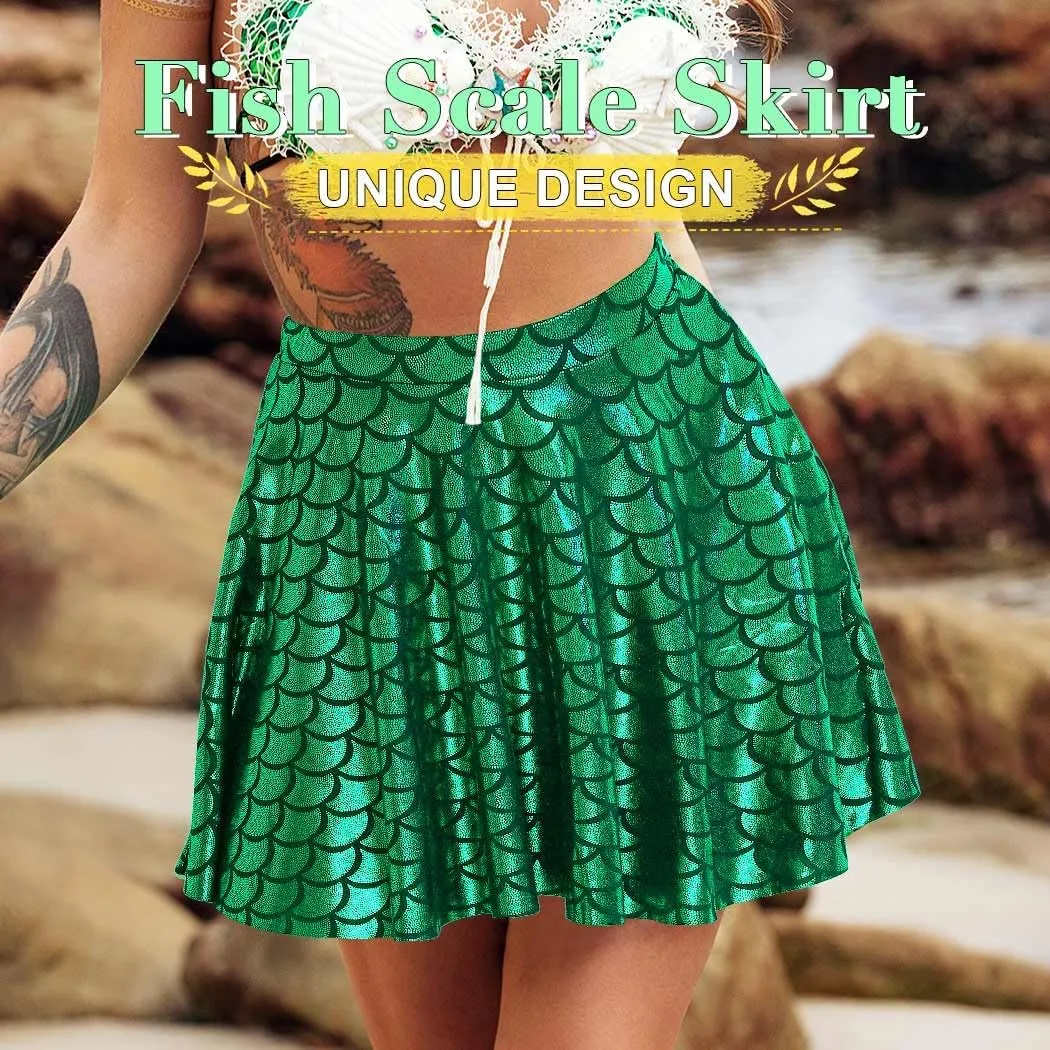 GRAEEN Green Mermaid Skirts Fish Scale Skater Skirts Sparkly Flared Pleated Mini Skirt Party Costumes Skirt