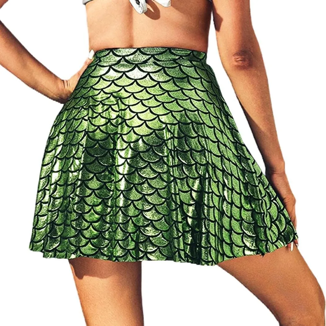 GRAEEN Green Mermaid Skirts Fish Scale Skater Skirts Sparkly Flared Pleated Mini Skirt Party Costumes Skirt