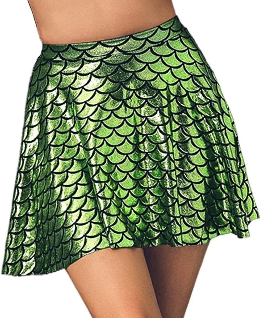 GRAEEN Green Mermaid Skirts Fish Scale Skater Skirts Sparkly Flared Pleated Mini Skirt Party Costumes Skirt