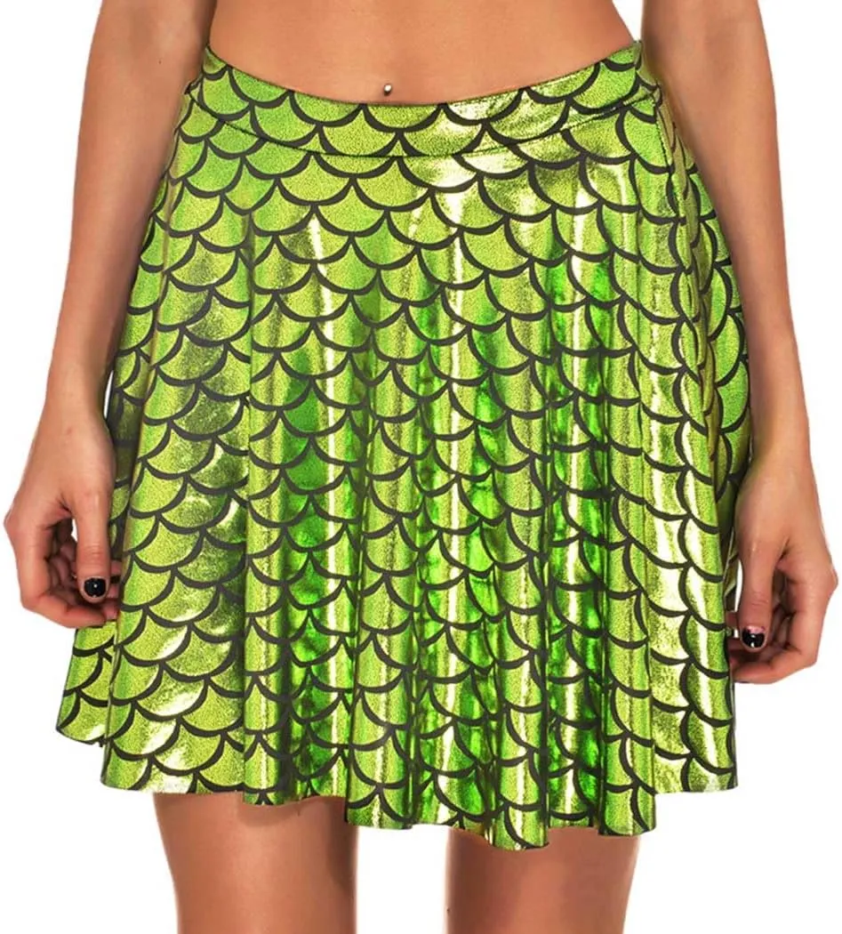 GRAEEN Green Mermaid Skirts Fish Scale Skater Skirts Sparkly Flared Pleated Mini Skirt Party Costumes Skirt