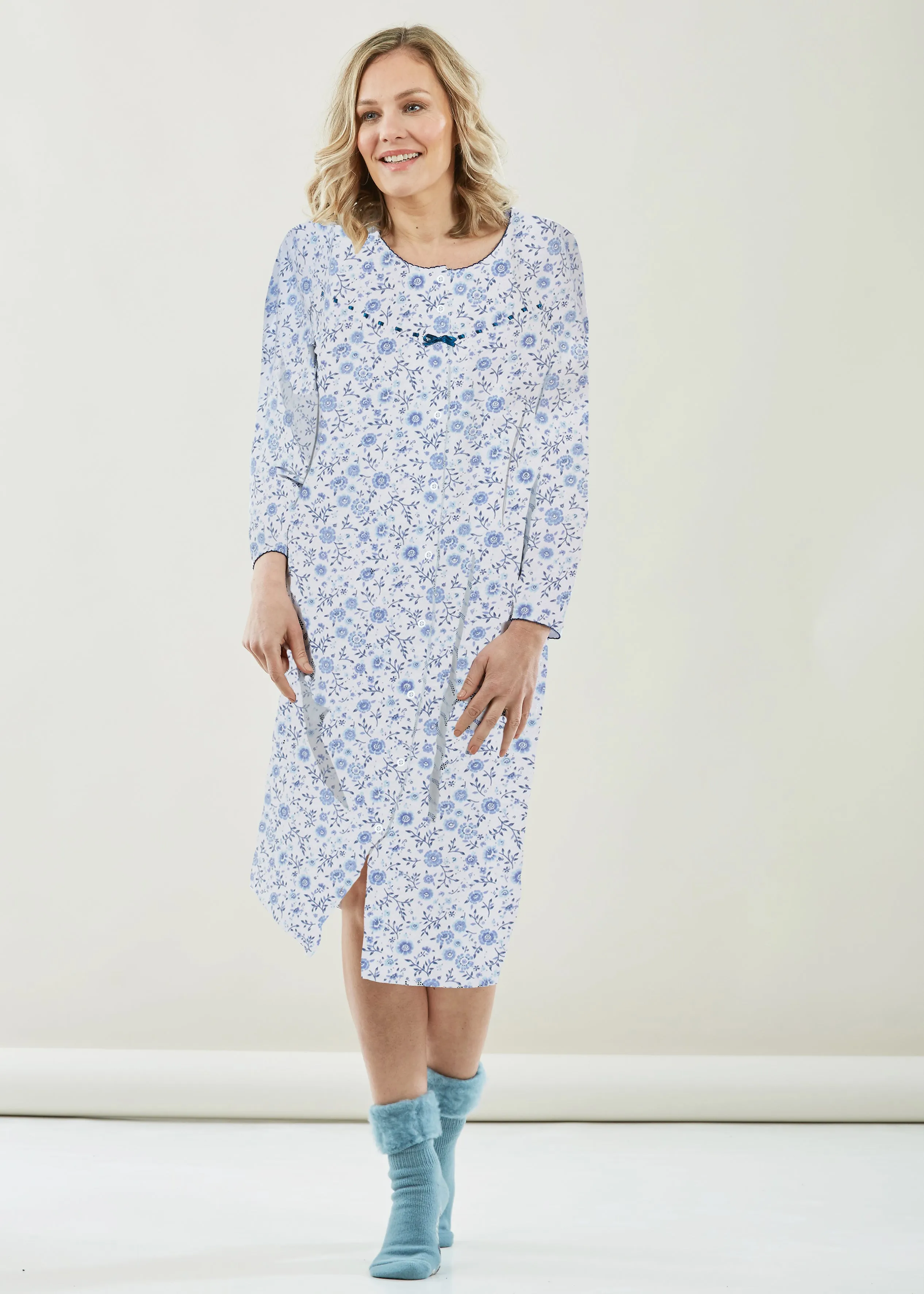 Janet Long Sleeve Jersey Front Opening Velcro Nightdress - Denim Blue