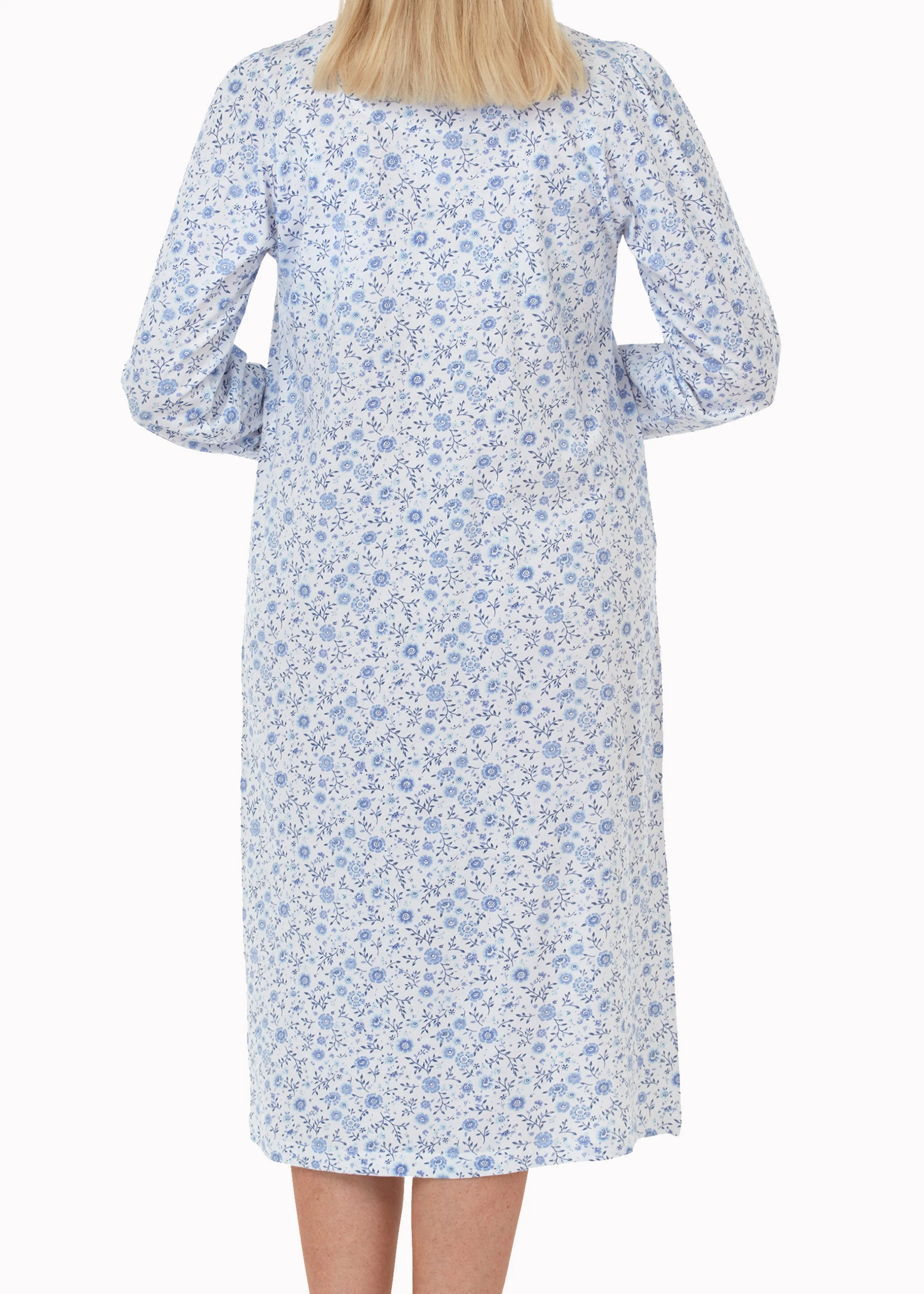 Janet Long Sleeve Jersey Front Opening Velcro Nightdress - Denim Blue