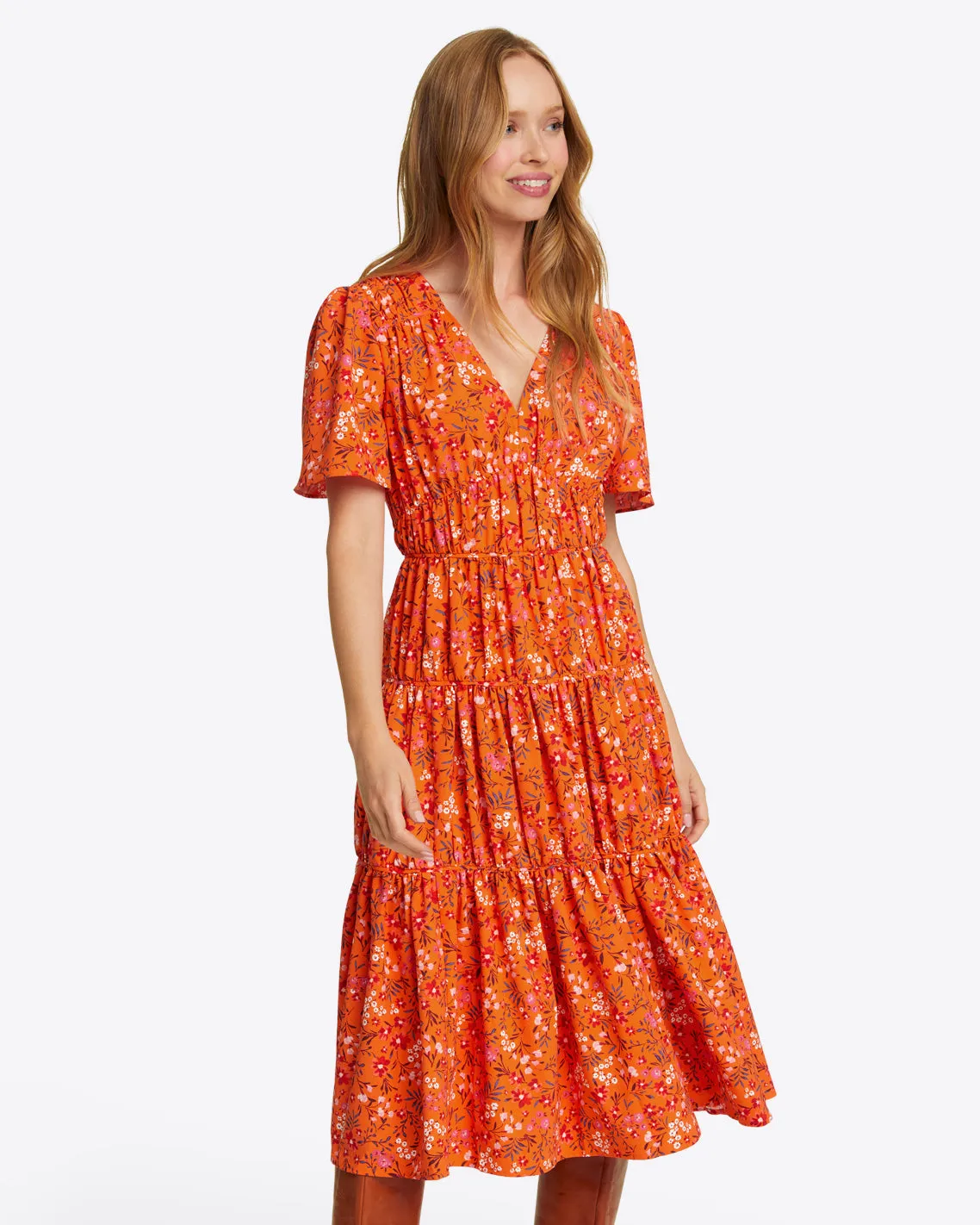 Margo Flutter Sleeve Dress in Apricot Pansy Floral
