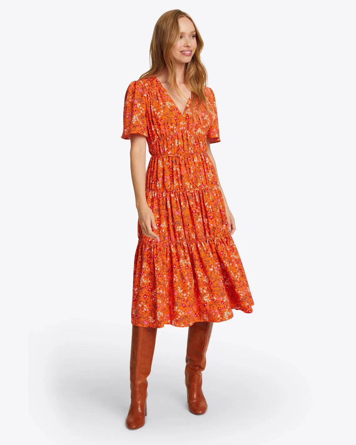 Margo Flutter Sleeve Dress in Apricot Pansy Floral