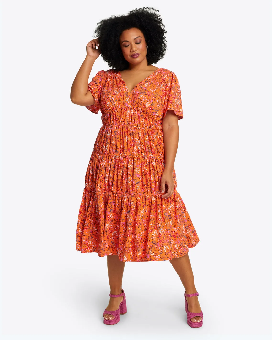 Margo Flutter Sleeve Dress in Apricot Pansy Floral