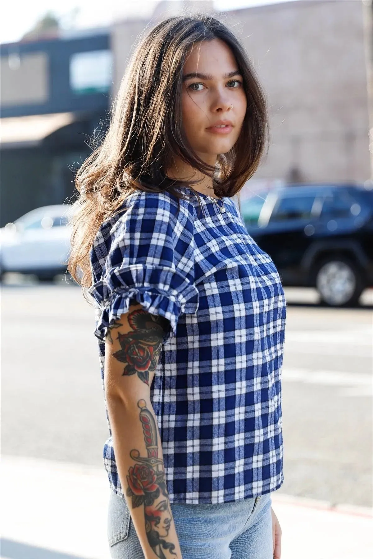 Navy Plaid Ruffled Cuff Short Sleeve Top /1-2-2-1
