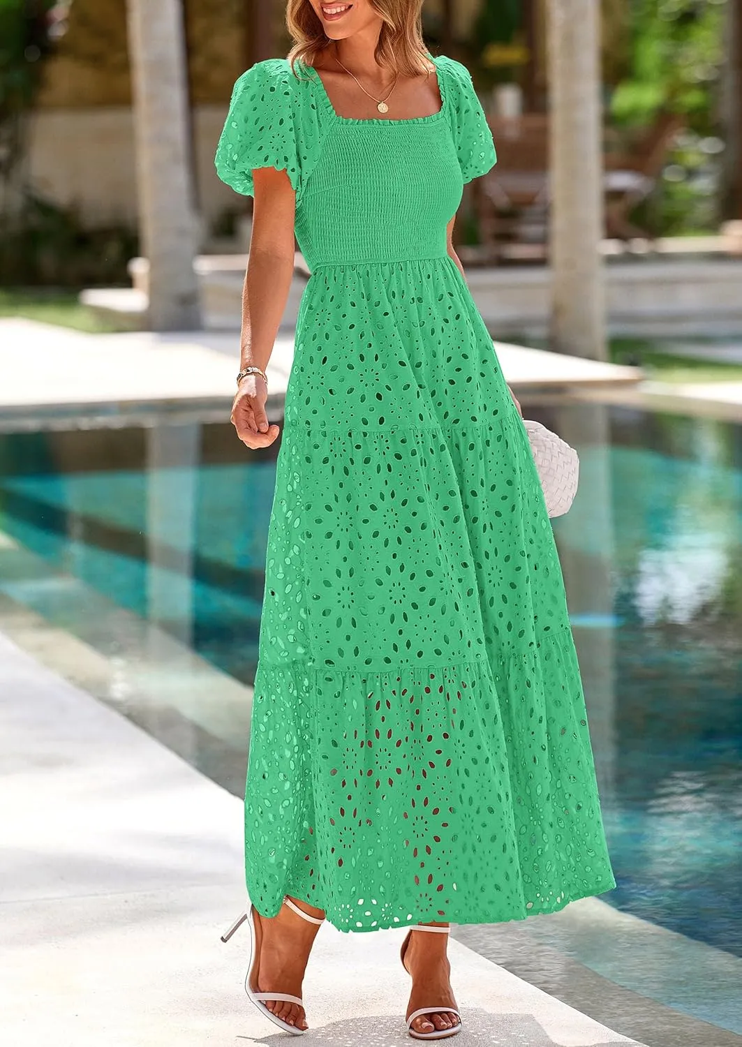 PRETTYGARDEN Summer Dresses for Women 2025 Eyelet Square Neck Puff Sleeve Smocked Wedding Guest Maxi Dress with Pockets