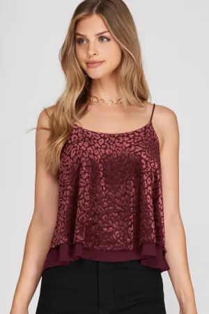 She And Sky Wine Burnout Velvet Double Layered Camisole Top