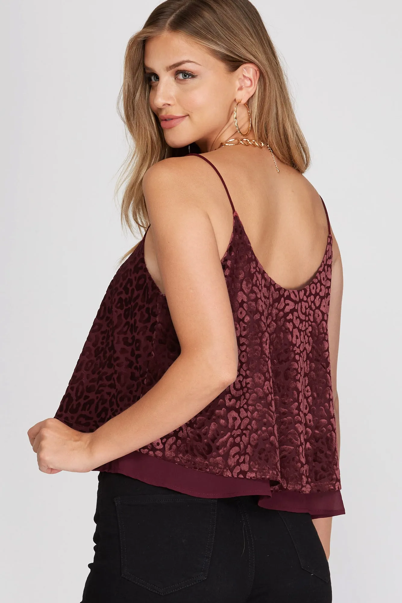 She And Sky Wine Burnout Velvet Double Layered Camisole Top