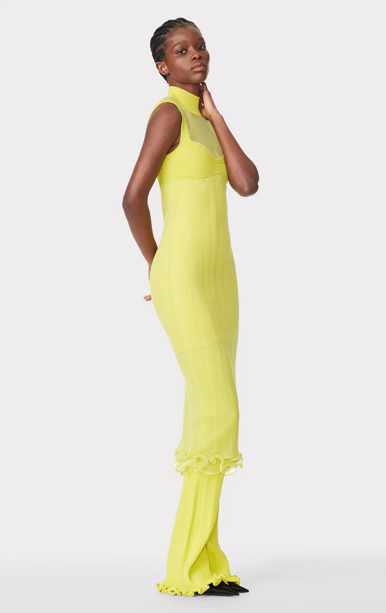 SHEER LAYERED MIDI DRESS WITH RUFFLE