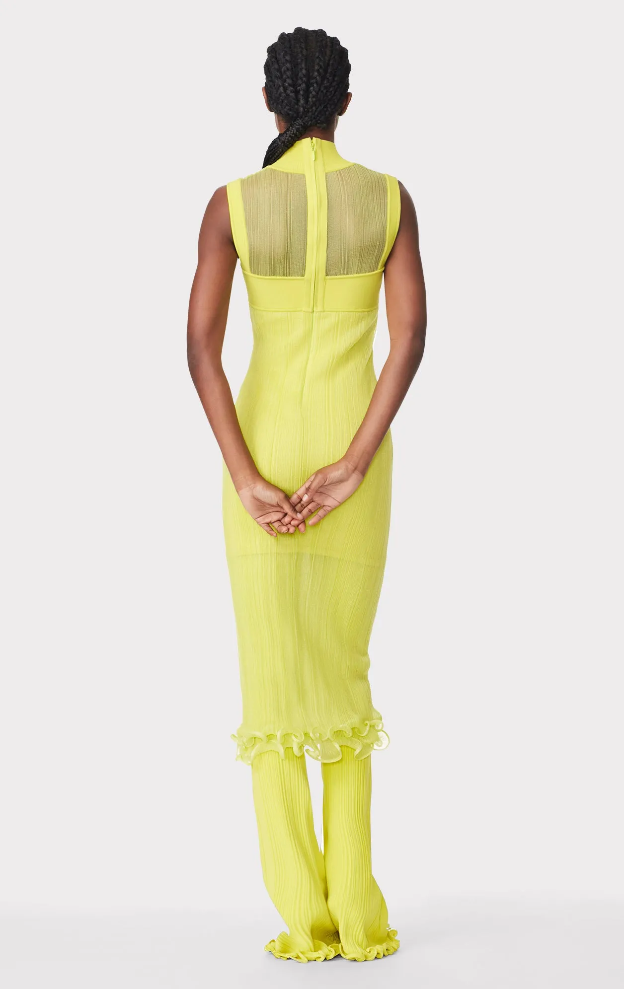 SHEER LAYERED MIDI DRESS WITH RUFFLE