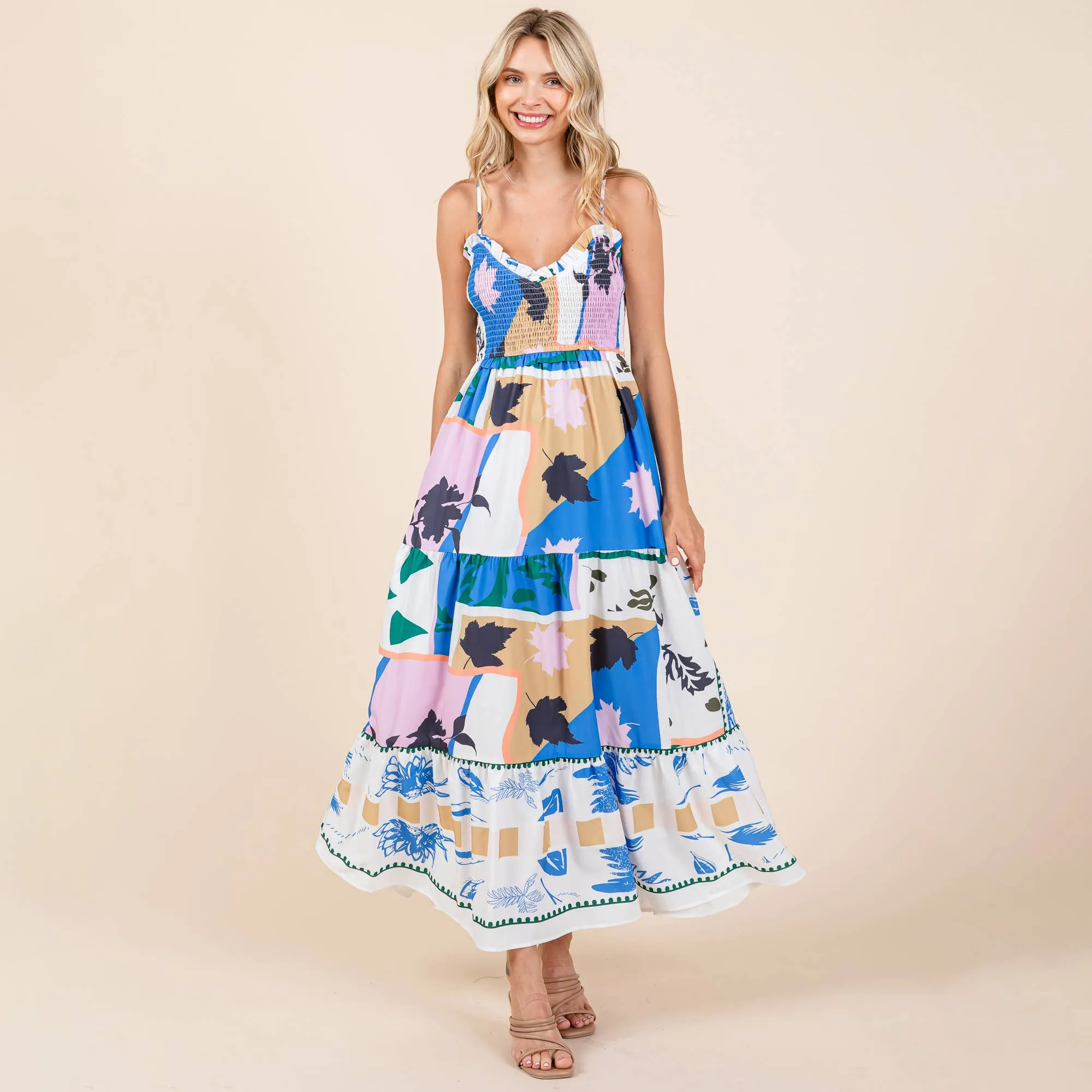 Smocked Graffiti Print Boho Cami Maxi Dress