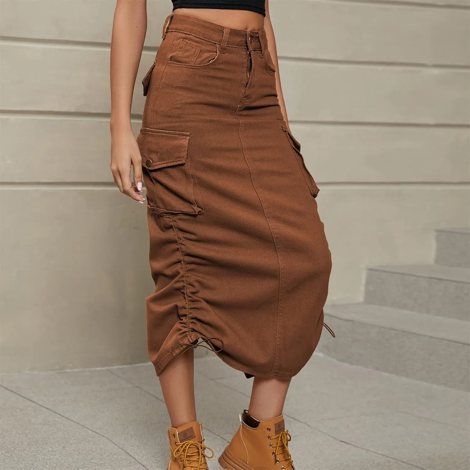 Women Cargo Skirt Casual High Waist Long Skirt Autumn Retro Solid Midi Skirts with Pocket Pencil Skirt for Women