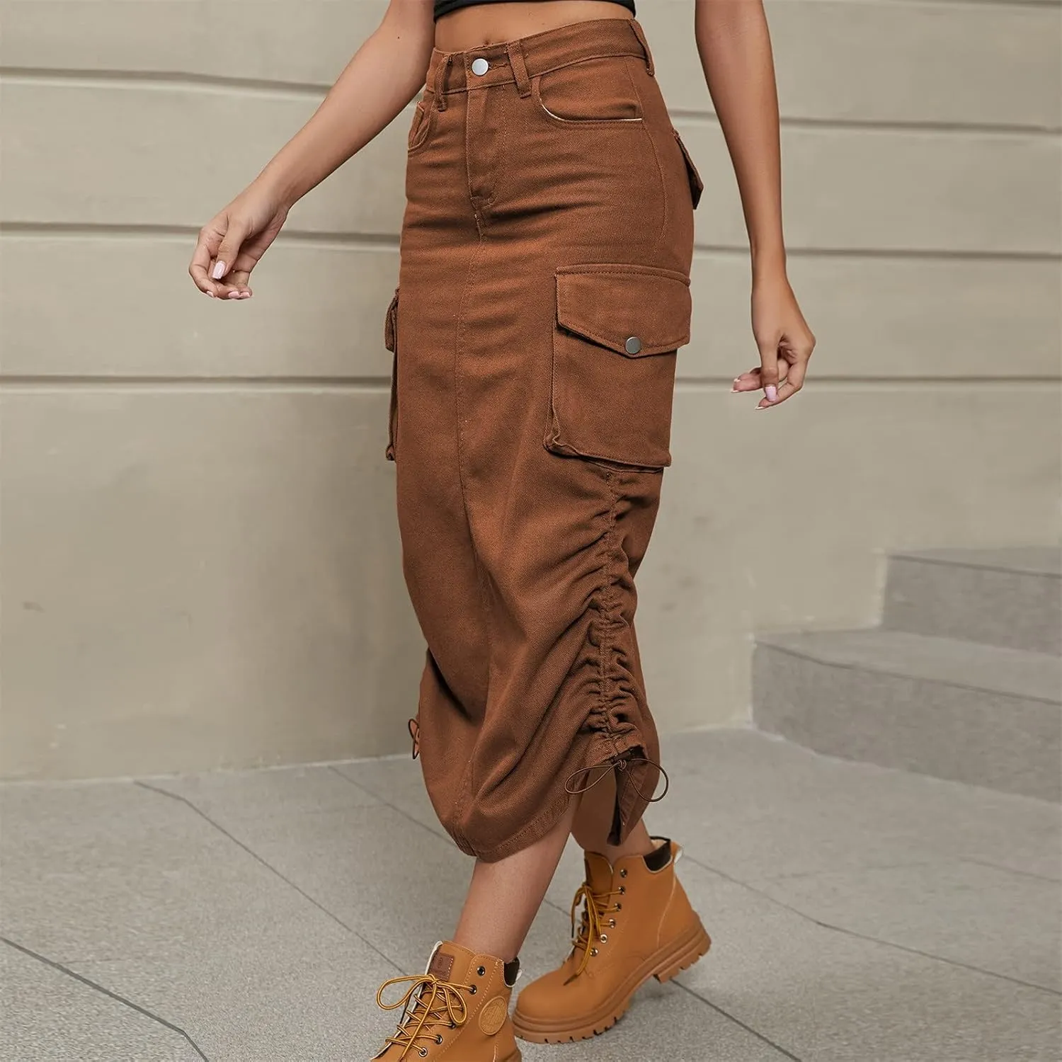 Women Cargo Skirt Casual High Waist Long Skirt Autumn Retro Solid Midi Skirts with Pocket Pencil Skirt for Women