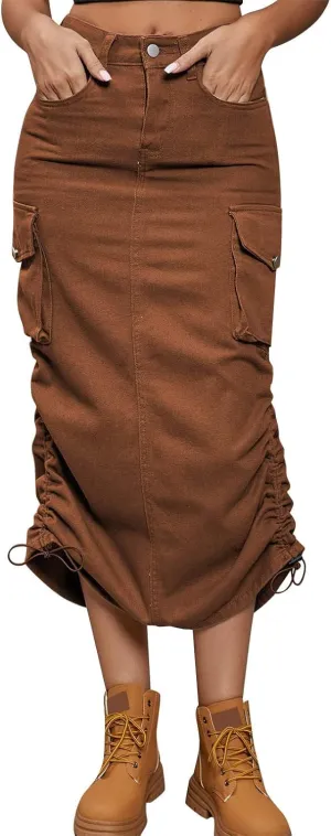 Women Cargo Skirt Casual High Waist Long Skirt Autumn Retro Solid Midi Skirts with Pocket Pencil Skirt for Women